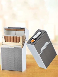 1個灰色防潮創意可充電打火機一體化香煙盒防風20支厚煙全包充電式香煙盒翻蓋防壓送禮物