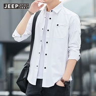 JEEP SPIRIT แขนยาวของผู้ชายเสื้อเชิ้ตลายทหารหลวมชุดเดรสทางการแนวธุรกิจเสื้อเชิ้ตสีพื้นแฟชั่นสไตล์เกา