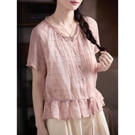 Gujia Lightweight Ramie Lace Collar Plaid Narrow Waist Summer Shirt
