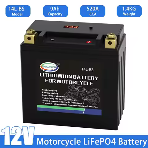 14L-BS 12V 9Ah Motorcycle Battery LiFePO4 Maintenance Free CCA520 Built in BMS Replacement Battery f