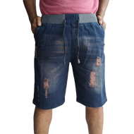 Celana Jeans Pendek Pria Model Sobek Pinggang Karet Kolor Melar Rip Jean Sobek Brown Biru Tua Ice Bl
