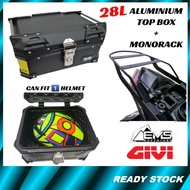 EMS Adventure 28L Top Box Alloy Aluminium+GIVI Monorack Advance Rack MV/MRV YAMAHA NMax Avantiz Y16ZR LC135 HONDA RSX