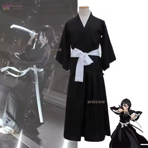 Rukia Kuchiki BLEACH Cosplay Soul Reaper Uniform Black Kimono White Sash Short Bob Wig White Katana 