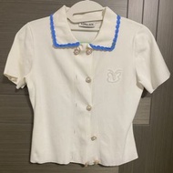 白色蝴蝶珍珠冰絲針織｜短袖T卹上衣｜女｜夏季｜white butterfly pearl ice silk knitted｜short-sleeved t-shirt top｜women｜summer