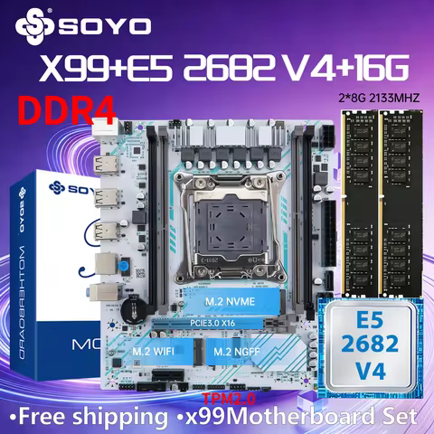SOYO X99 DDR4 Motherboard with E5 2682 V4 CPU 16G(8G*2) RAM LGA2011-3 Intel Kit Xeon PCIE3.0x16 M.2 
