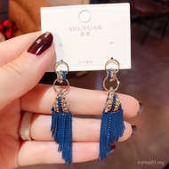 Retro Rhinestone Blue Tassel Earrings 2025 New Style Trendy Korean Influencer Classy High-End Silver