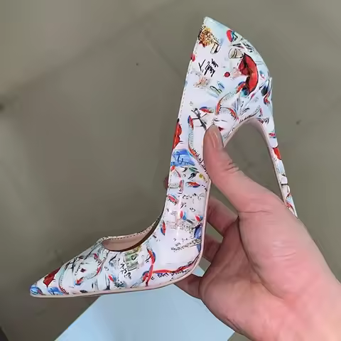 Eiffel Tower Printed Leather Women Stiletto High Heels Pump Red Lips Patent Leather Pointed Toe Shal
