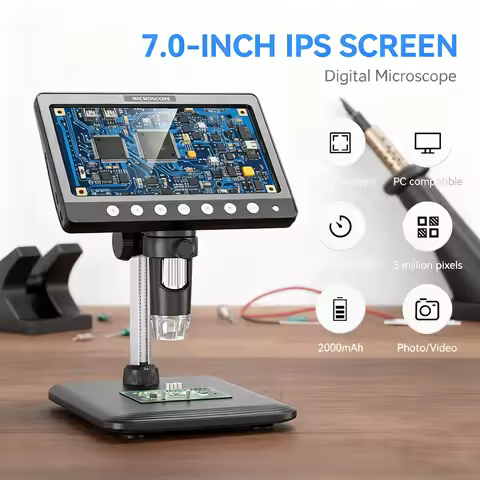 7" LCD Coin Microscope 50X-1200X Magnifier 5MP HD Digital Microscope 8 LED Lights for Electronics Re