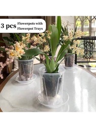 3 套/5 套透明塑膠花盆,附花盆托盤,易於查看植物根系生長狀態,4.7 英吋/5.5 英吋中空底,適合植物排水和呼吸,適合中小型植物室內外