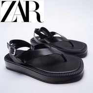 2024แฟชั่นแพลตฟอร์ม ZARA2024สไตล์ใหม่รองเท้าส้นเตี้ยวันหยุดรองเท้าแตะโรมันสายสีดำรองเท้าแตะสายหนังแบ