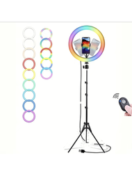 1入組8吋自拍環形燈,rgb三腳架手機架帶遙控拍攝環形填充光led彩色燈座,化妝踏板