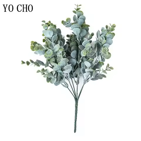 YO CHO 7 Forks 35 heads Gray Green Large Eucalyptus Leaf Plants Wall Material Decorative Artificial