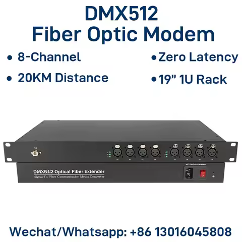 8-CH DMX512 Fiber Optic Modem XLR 3-Pin Lighting Extender over Single Fiber 20KM LC Interface 19-Inc