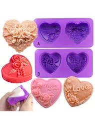 1入組,4樣式玫瑰心形肥皂矽膠模具3d花卉愛心形狀糖良模,手工樹脂蠟燭肥皂蜂蠟花卉工藝品情人節婚禮裝飾