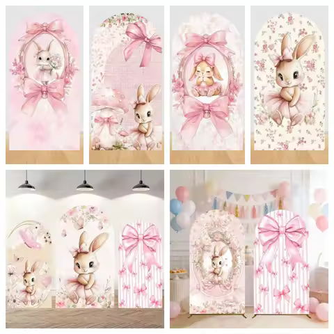 Little Rabbit Pink Flower Bow Baby Girl Birthday Party Arch Backdrop Cover Bunny Baby Shower Arched 