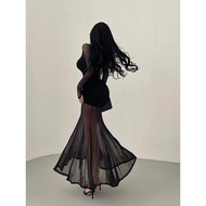 Pure Desire Style Long Tail Fishbone Dress Young Girl Day High Waist Tulle Splicing Pleated Wrap Bod
