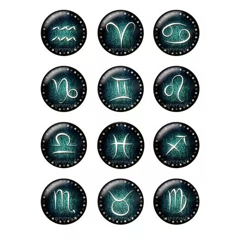 12pcs Zodiac Signs Round Cabochons 12 Constellations 8mm To 25mm Glass Cabochons Demo Flat Back Maki