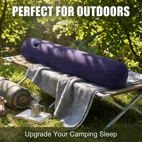 1pc Cylindrical Inflatable Camping Pillow, Soft Flocked Bolster Pillow for Outdoor Travel, Portable 