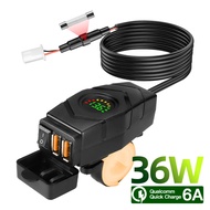36W QC USB Adapter Waterproof Motorcycle Charger DC 12V-24V with LED Display &amp; ON/Off Switch for GPS Camera Cellphone