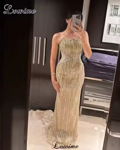 Champagne Gold Beaded Cocktail Dresses Simple Strapless Prom Dresses For Women Wedding Party Dress V
