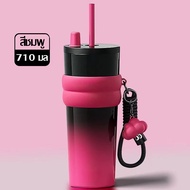 ถ้วยเก็บความร้อน แก้วเก็บความเย็น แก้วกาแฟ เคลือบเซรามิก ขนาด 710 มล  มีหลอดดูด พับเก็บได้ มีที่เก็บ