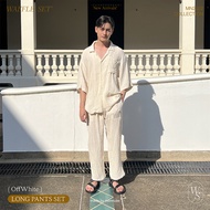 Waffle Set (OffWhite) - กางเกงขายาวผ้าสาลูญี่ปุ่น ผ้าเนื้อนุ่ม ใส่สบาย ไม่ร้อนไม่ต้องรีด เสื้อเชิ้ตส