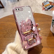 Glitter Casing iPhone 6 plus 6s plus 7 8 Plus SE Cartoon Rabbit Cosmetic Mirror Holder Phone Case Hello Kitty Bracket Cases Laser Electroplating Cover + Folding Stand
