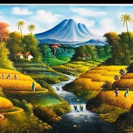 Lukisan Pemandangan Sawah Dan Panen Padi Ukuran Besar (2X1 Meter)