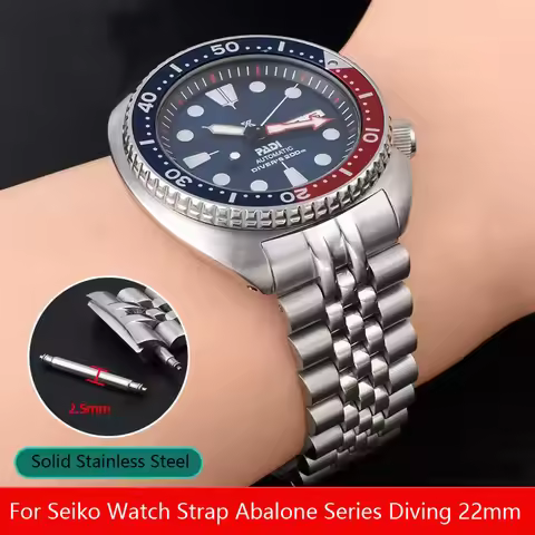 For Seiko Watch Strap Abalone Series Diving 22mm SRPE99K1 SRPC91J1/25J1 Folding Buckle Silvery Solid