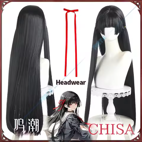 WuWa NEW Chisa Wuthering Waves Cosplay Wig Women Black Long Straight Hair Red Hair Ribbon Halloween 