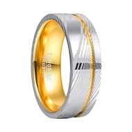 NUNCAD 8mm Damascus Steel Band Ring for Men Gold Groove Two Tone Ring Comfort Fit Inner Band Size 7-