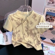 Tops 上衣 中式上衣 大码上衣 新中式国风盘扣扎染短袖t恤女夏季2025新款女装修身显瘦短款上衣plus-size Top10.31