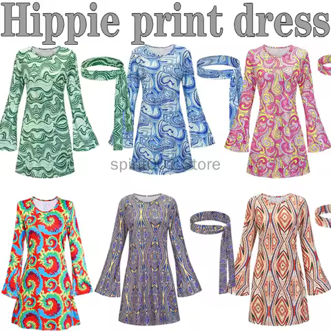 Summer Hippie Costume Women's Set for Carnival 70s Clothing Accessories Women's Dress 60s 70s Women'