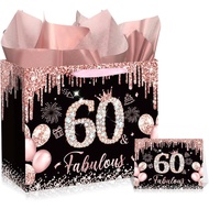 ROCKY&CHAO Black Rose Gold 60 & Fabulous Gift Bag for Women, Happy Sweet 60th Birthday With Wrapping