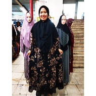 Gamis syari  Bergo Sintia motif Bunga Cantik Sakura  Monalisa mix ceruty Set Jilbab Navy