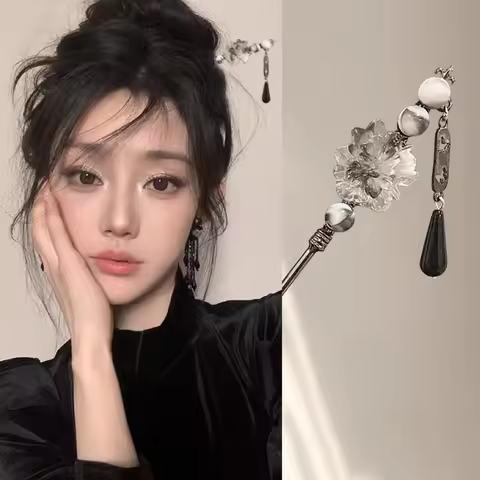 Neo-chinese Style Flower Hairpin Ink Colored Flower Tassel Hair Stick For Women Elegant Exquisite Me
