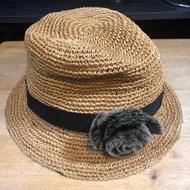 Hat CA4LA Choche Straw Floding/Foldable Rabbit Fur Flower Bow Size 55-56