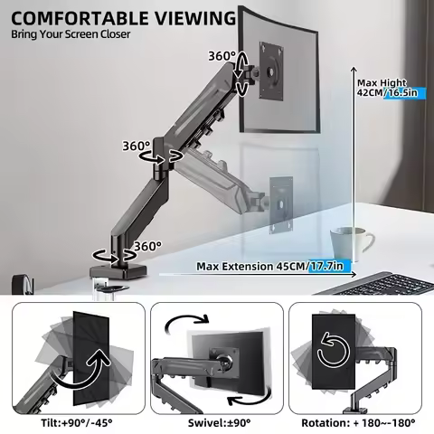Single Monitor Arm For 13-32" Screen Adjustable Single Monitor Bracket Full Motion Swivel Desktop Mo