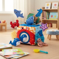 Montessori Sensory Toys: 7pcs Baby Plush Ocean Animals + Crinkle Tissues in Box