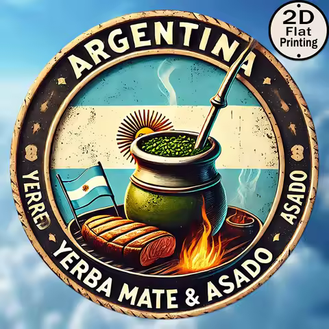 [2D Flat] 1pc Vintage Argentinian Yerba Mate & Asado Aluminum Wall Art - 8x8 Inch Round Tin Sign wit