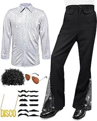 70s Disco Outfit Costume Bell Bottom Pants Long Sleeve Shirts Wigs Necklace Mustache Sunglasses