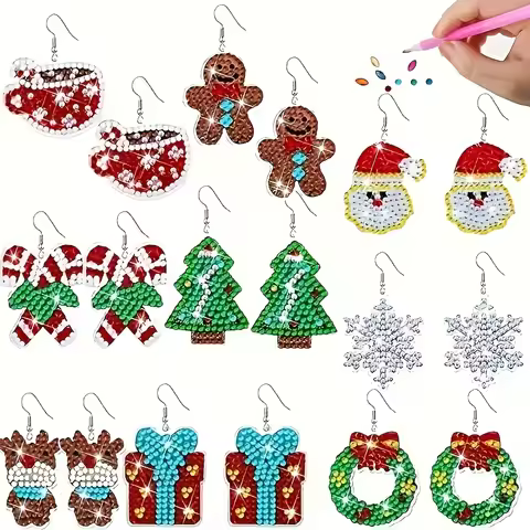 9/Set of Christmas collection patterned diamond painted earrings set, DIY creative diamond painted e