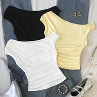 Teen Girl Teen Girls T-Shirts Black White Grey Knit Casual Ruched Asymmetric Shoulder Fitted Waist C