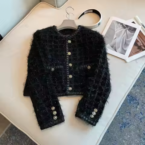 Black Fragrant Coat Women's New Autumn Short Celebrity Feather Woolen Female High Quality Jacket