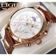 LIGE Watch Original Men Fashion Sports Quartz Watches Leather Luminous Waterproof Chronograph WristWatch For Men With Box