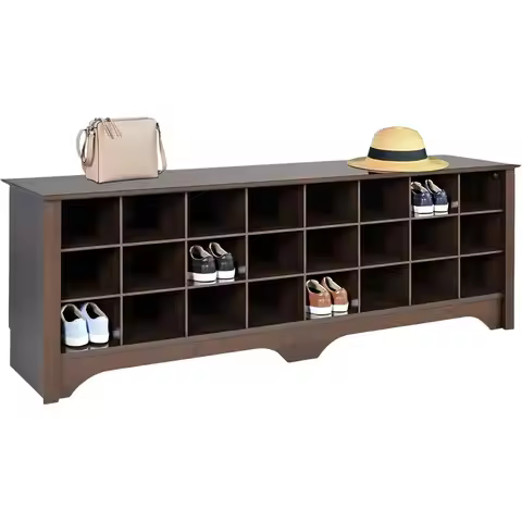 24 Pair Entryway Shoe Cabinet with Bench, Mudroom Storage Organizer, Brown, 15.5D x 60W x 20.25H