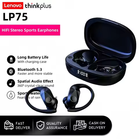 Lenovo LP75 Earhooks Sports Wireless Earbuds with Mics,Button Control, LED Power Display,Hifi Stereo
