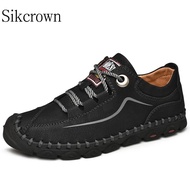 Outdoor Men Hiking Hand Stitched Leather Casual Shoes For Men Lace Up Non-Slip Travel Hiking Shoes Black Waterproof Big Size 48