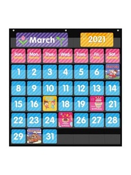 1入組牛津布學生教室掛袋式日曆收納袋，44格口袋，黑色，附日期、月份、年份、天氣、星期和學習卡片，適用於教室、學校和家庭學習使用