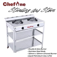 ChefOne UGS-8080SG Stainless Steel Double Burner 8 Jet Standing Gas Stove dapur gas memasak